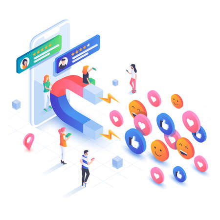 Modern isometric design illustration of Trend Building. Social media concept with characters. Followers follow social trend, people talking and share a chat, tag or post comment online. Easy to edit and customize. Vector illustrationのイラスト素材