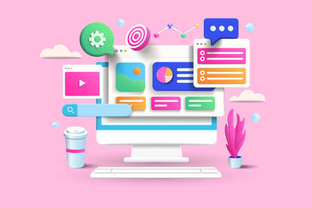 SEO Optimization, web analytics and seo marketing social media concept. 3d vector illustrationのイラスト素材