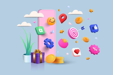 Mobile Payment 3D Illustration, online shop, online payment and delivery concept with floating elements. sale banner, gift box, discount, social advertising. 3D Vector Illustration.のイラスト素材