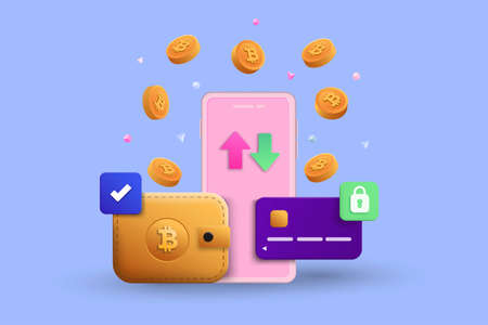 Cryptocurrency transaction and Mobile banking infographic. Send money. Bitcoin digital wallet. E-payment 3d concept. International money transfer isometric vector illustrationのイラスト素材