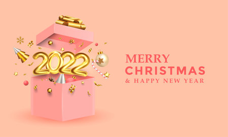 Happy New Year golden number sign 2022. Merry Christmas Background realistic 3d festive open gifts box. Xmas sale present. Holiday decorative pink boxes. Vector 3d illustrationのイラスト素材