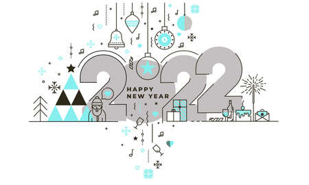 Flat Design Concept of Happy New Year 2022 greeting card, trendy and minimalistic card or background. Modern Thin Line Design. Vector Illustartionのイラスト素材