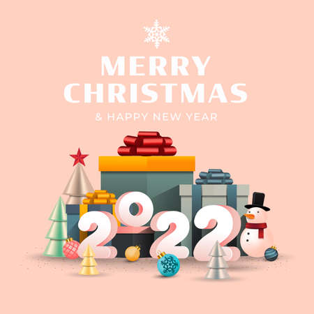 Gift boxes with ribbon and christmas decoration on pink background. New year greeting card design. Vector Illustrationのイラスト素材