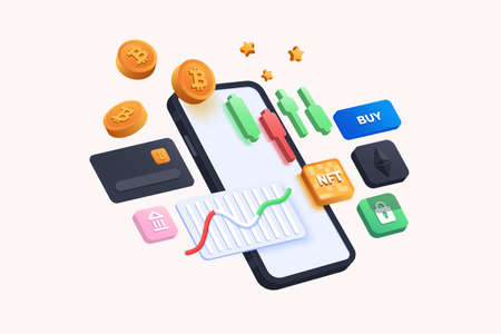 Cryptocurrency transaction and Mobile banking infographic. Send money. Bitcoin digital wallet. E-payment 3d concept. International money transfer 3D vector illustrationのイラスト素材