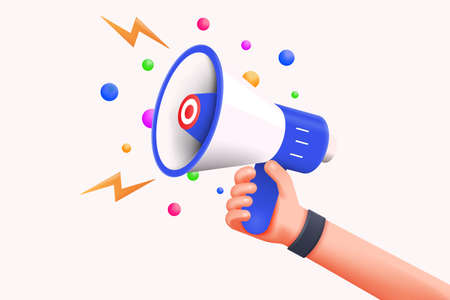 Cartoon hand holding megaphone 3d render on white background with copy space. Digital Marketing concept. 3d Vector illustrationのイラスト素材