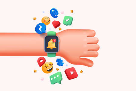 Cartoon hand with green strap smart watch over white background. Gadget with empty black blank screen surrounded with apps. 3d vector illustration.のイラスト素材