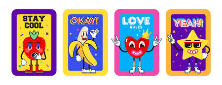 Funny cartoon characters. Sticker pack, posters, prints. Collection of Strawberry, Banana, Heart and Star. Set of comic elements in trendy retro cartoon style. Vector illustrationのイラスト素材