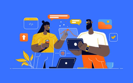 UI and UX designers creating functional web interface design for websites and mobile apps. Digital...