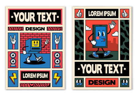 Retro posters or banners in cartoon 80s-90s comic style with fashion patches, pins and stickers. Can be used in cover design, book design, CD cover, advertising, posters and greeting cards. Vector Illustrationのイラスト素材