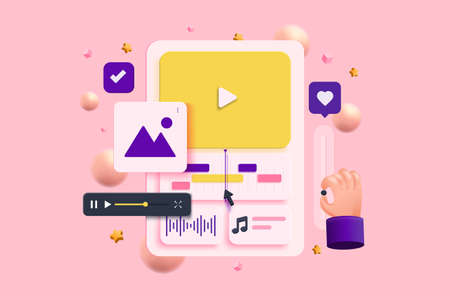 Music Video Edits, Cuts Footage and marketing on computer monitor, motion, vlog, movie. Cartoon...
