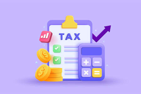 Tax payment and business tax concept. Coin stacks, calculator and tax form on purple background. 3d vector illustrationのイラスト素材