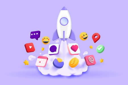 Startup concept, Social Media Marketing and web development with 3d shapes, bar chart, infographic...