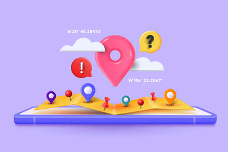 Smartphone with map 3D Illustration, 3D Map pins, GPS, navigator pin checking poins. 3d Vector illustrationのイラスト素材