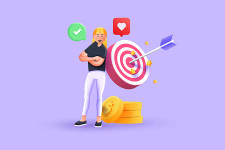 3D illustration of beautiful blonde woman standing next to a huge target with a dart in the center, arrow in bullseye. Objective attainment, reaching goals, business purposes, successful strategy. Vector 3d Illustrationのイラスト素材