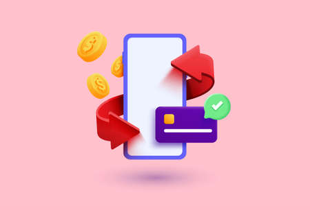 Cashback and money refund 3d concept. Smartphone, dollar bill and coin stack, online payment on pink...