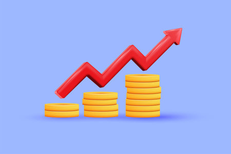 Red up arrow and coin stacks on pastel background. Financial success and growth concept. 3D Vector illustrationのイラスト素材