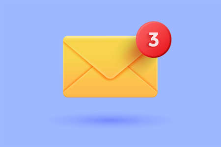 Yellow mail envelope with red marker message on purple background. Email notification. Minimal design. 3D Vector illustrationのイラスト素材