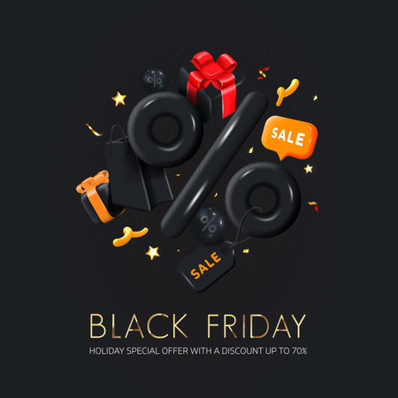 Black Friday sale poster or commercial discount event banner on black background with glossy percentsign, Shopping bags and Sale tag. Social media template for website and mobile website, email and newsletter design, marketing material. Vector Illustrationのイラスト素材