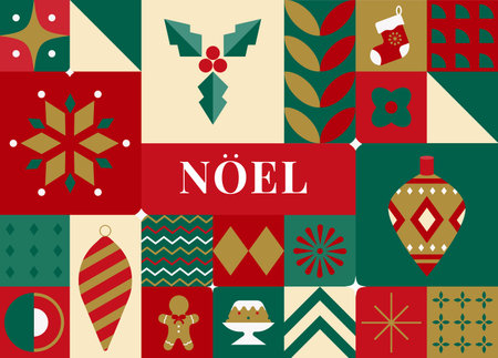 Christmas seamless pattern in scandinavian style. Holidays 2023 postcard. Snowflakes, decorations and Xmas trees elements. Retro clean concept design. Vector Illustrationのイラスト素材