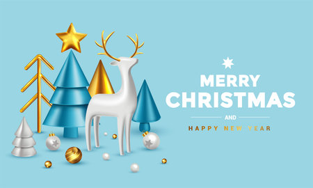 Christmas composition with white, blue and gold Christmas trees, and traditional white Scandinavian toy deer. Vector 3d illustrationのイラスト素材
