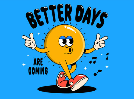 Funny cartoon character of Sun. Can be used as Sticker, posters, prints. The comic elements in trendy retro cartoon style. Vector illustrationのイラスト素材