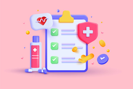 3d first aid medicine with check list for health pharmaceutical. Minimal of first aid and health care check. Medical of emergency. 3d Vector illustrationのイラスト素材