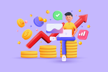 3D illustration of young man sitting on coins. Financial investment trade. Creative concept of market movement. Bank deposit, profit finance Manage money through your applications. Investment Cryptocurrency trend trading. 3D Vectorのイラスト素材