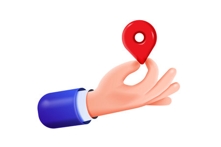 3d cartoon hand holding little red geo tag pin by fingers. Global navigation badge or route sign guide symbol isolated design elements on white background. 3D Vector illustrationのイラスト素材