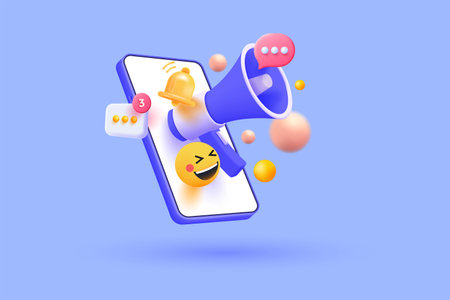 3D Mobile Phone with post in social media and Megaphone. Online promotion and marketing. Newsletter and adverting. Cartoon creative design icon isolated on purple background. 3D Vector Renderingのイラスト素材