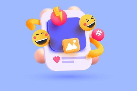 3D social media online platform concept, online social communication on applications, Photo frame with emoji icon, hashtag and lighting in pink bubble icons. 3d vector render conceptのイラスト素材