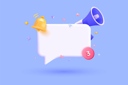 3D Speech bubble message with Megaphone and Bell notification. Subscribe and newsletter concept. Banner template with empty copy space for promotion. Blank Mockup. Reminder popup. 3D Vector illustrationのイラスト素材