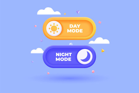3D Day and night mode switch icon set. On Off or Light and Dark toggle buttons. Daymode and nightmode. Mobile app interface. Cartoon creative design icon isolated on white background. 3D Vector illustrationのイラスト素材