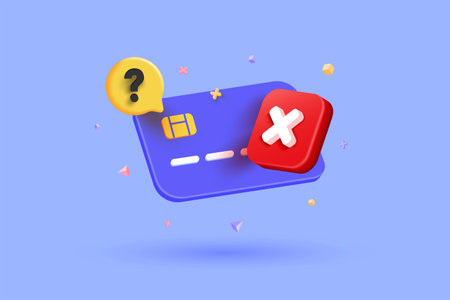 3D Declined payment credit card. Canceled payment concept. Error and red cross sign. Blocked account. No pay. Cards not accepted. Cartoon illustration isolated on purple background. 3D Vector illustrationのイラスト素材