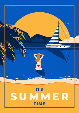 A vintage style poster with a Sea and a woman going in to water. Retro Summer holiday poster flat design. Vector Illustrationのイラスト素材