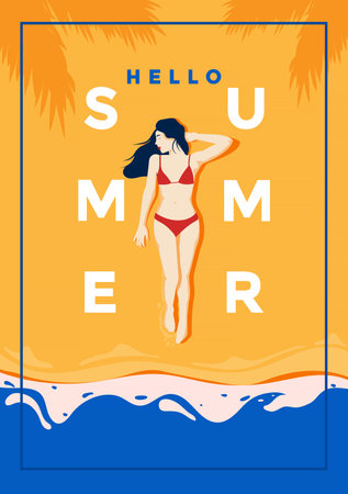 A vintage style poster with a tropical beach and a woman laying on the sand. Retro Summer holiday poster flat design. Vector Illustrationのイラスト素材