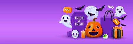 3D Halloween Background template with place for text. Halloween design element In 3D and plastic cartoon style. Halloween pumpkin 3D style for poster, banner, greeting card. Vector 3d illustrationのイラスト素材