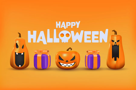 3D Halloween Background template with Happy Halloween text. Halloween design element In 3D and plastic cartoon style. Halloween pumpkin 3D style for poster, banner, greeting card. Vector 3d illustrationのイラスト素材