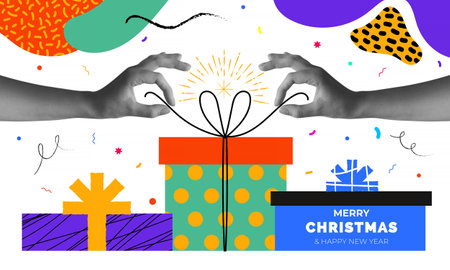 Hands open Christmas gift box. Colorful retro collage style illustrations. Design for poster, banner, greeting and celebration. Vector Illustrationのイラスト素材