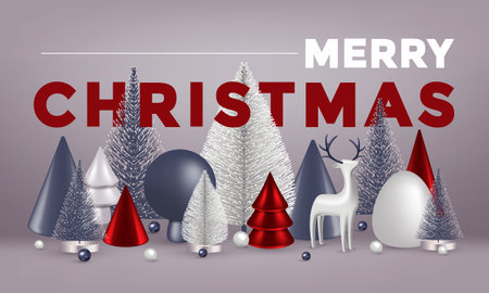 Christmas banner. Xmas Horizontal composition made of red, white and grey wooden and glass Christmas trees and traditional Deer toy. Christmas poster, greeting cards, header or profile cover. Vector llustrationのイラスト素材