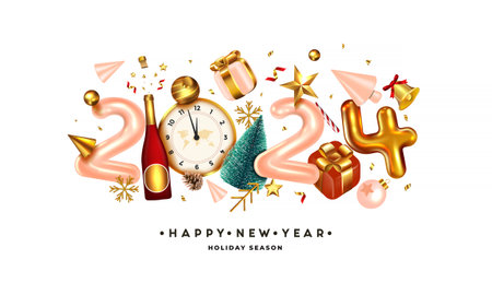 Happy New Year 2024. Golden metal number on white background. Realistic 3d render sign. Festive...
