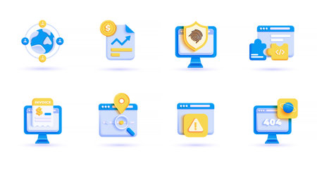 3d business icon set. Trendy illustrations of Digital Business, App development, Marketing, Data Analysis, Social Media, Education, Online Shopping, Faq, Stock Market, Finance. Render 3d vector objectsのイラスト素材