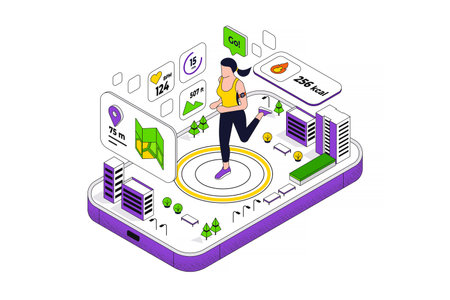 Runing exercising, fitness app for sports. Sportswear for woman. Workout for wellness and activity of muscles. Female healthcare. Flat isometric vector illustration isolated on white background.のイラスト素材