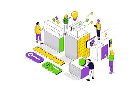 Development from beginnings abstract isometric concept. Business strategy, phased technology creation, system expansion, organization complication. Vector character illustration in isometric designのイラスト素材