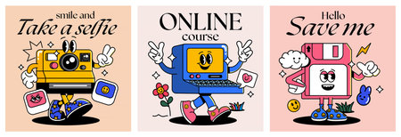 Set of creative retro Camera, Pc and Floppy disc characters. Trendy stickers Y2k. Flat design Retro...