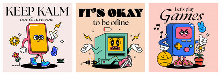 Various retro electronic storage devices characters set. Groove 90s cartoon style mascots of floppy disk or diskette , Smart phone, PC, vintage game gadgets. Contour vector illustration.のイラスト素材