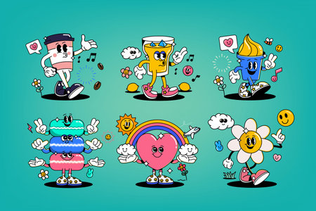 Funny cartoon characters on various topics. Can be used as Sticker, posters, prints. The comic elements in trendy retro cartoon style. Vector illustrationのイラスト素材