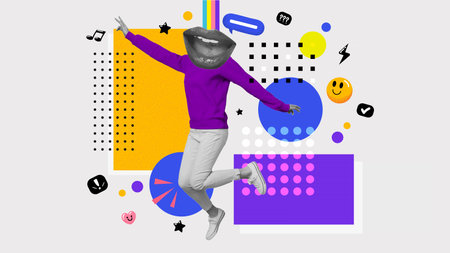 Contemporary artwork. Creative abstract template collage of funny young woman big smiling mouth instead head toothy beaming smile dancing chilling artwork. Copy space for ad. Vector illustrationのイラスト素材
