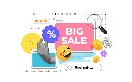Trendy Collage concept of online shopping and delivery. Shopping illustration on white background. Contemporary banner with web site, discount offer, halftone hand. Advertising for season sales and discounts. Vector Elementのイラスト素材