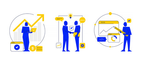 Stock trading, stakeholder, investment, analysis, trader strategy concept illustrations. Collection of scenes with people trading on a stock market, losing or gaining profit. Trendy vector illustrationのイラスト素材