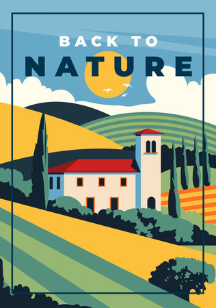 Modern summer poster featuring a scenic nature landscape. Minimalist design, travel and vacation theme, perfect for decoration, branding, or editorial use. Vector illustrationのイラスト素材